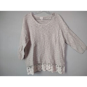 Chico's Sz 2 (Large 12) Ladies Lace Hem Pullover Sweater 3/4 Sleeve Beige Tan